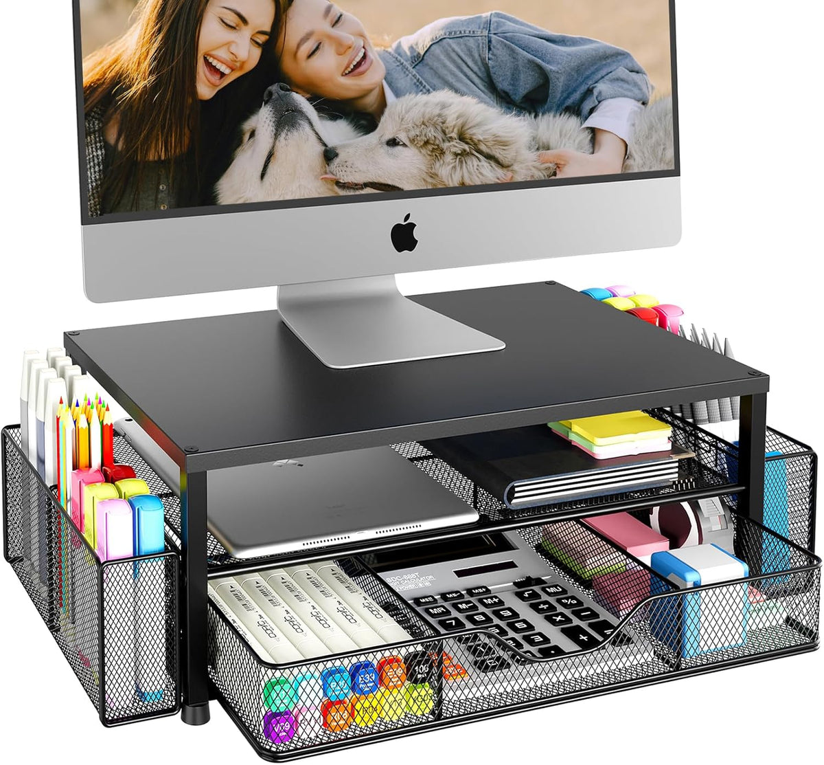 OPNICE Desk Organizer and Accessories, 2-Tier Computer Monitor Stand Riser with Drawer and 2 Pen Holders, Laptop Stand (Black)