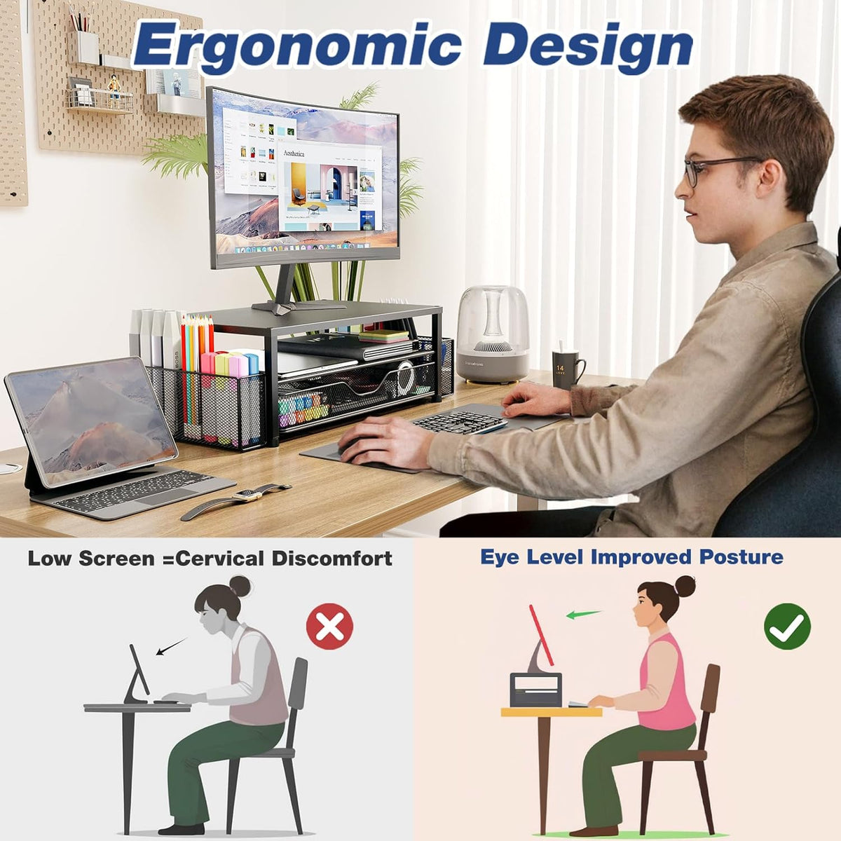 OPNICE Desk Organizer and Accessories, 2-Tier Computer Monitor Stand Riser with Drawer and 2 Pen Holders, Laptop Stand (Black)
