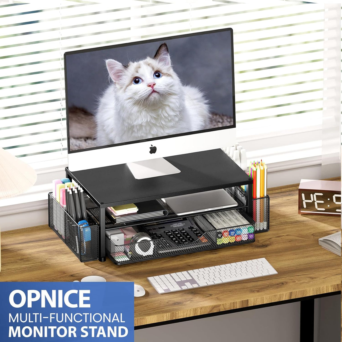 OPNICE Desk Organizer and Accessories, 2-Tier Computer Monitor Stand Riser with Drawer and 2 Pen Holders, Laptop Stand (Black)