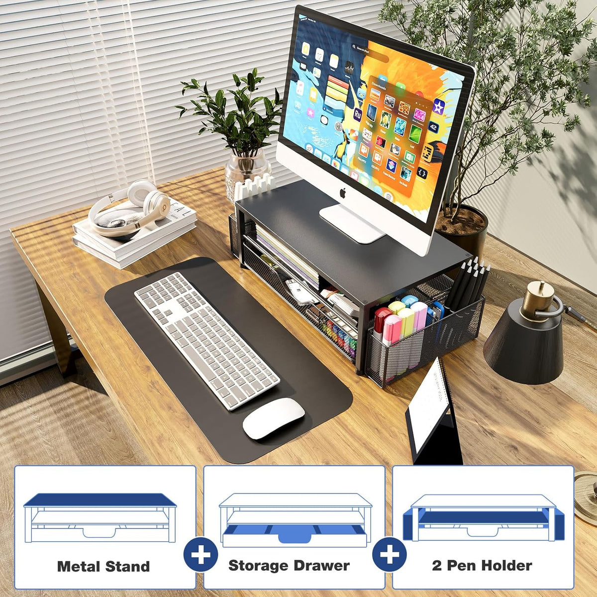 OPNICE Desk Organizer and Accessories, 2-Tier Computer Monitor Stand Riser with Drawer and 2 Pen Holders, Laptop Stand (Black)