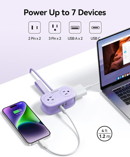 ORICO 4FT Purple Travel Power Strip with 4 AC Outlets, 2 USB-A Ports, and 1 USB-C Port, 45° Flat Plug Extension Cord with Non Surge Protector