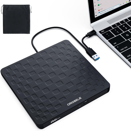 ORIGBELIE External CD DVD Drive for Laptop, USB 3.0 Type-C Ultra Slim 13mm DVD Player Portable CD DVD +/-RW Drive CD Burner Reader Writer (Black)