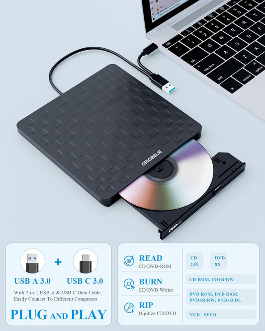 ORIGBELIE External CD DVD Drive for Laptop, USB 3.0 Type-C Ultra Slim 13mm DVD Player Portable CD DVD +/-RW Drive CD Burner Reader Writer (Black)