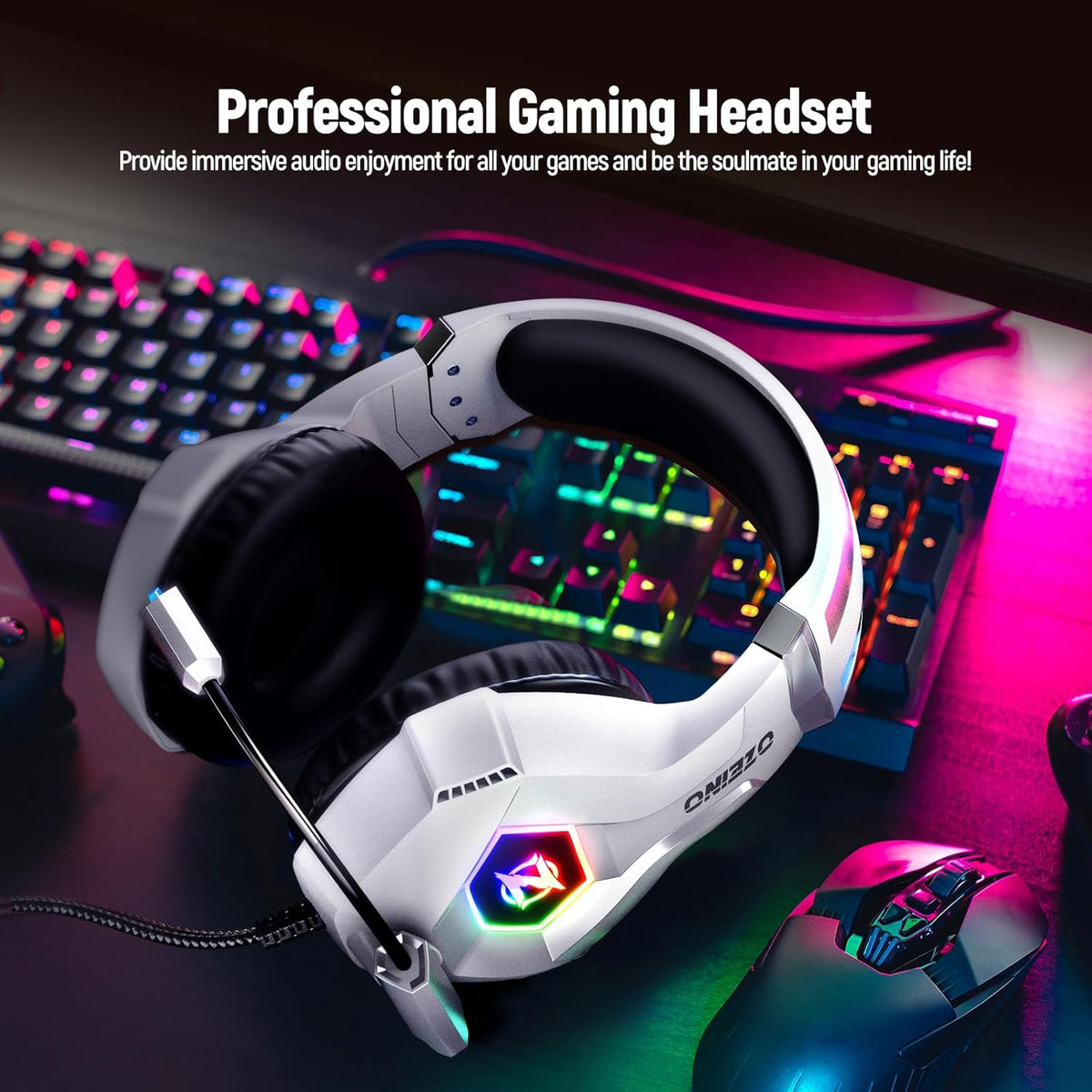 Ozeino Gaming Headset for PC, Ps4, Ps5, Xbox Headset with 7.1 Surround Sound Gaming Headphones with Noise Canceling Mic, LED Light Over Ear Headphones