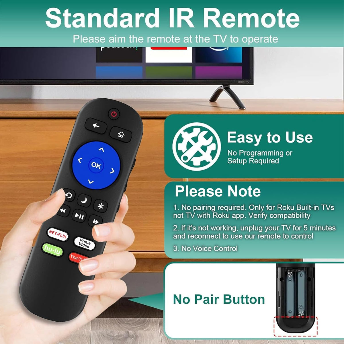 Pack of 2 IR Remote Only for Roku Built-in TV Remote, for Hisense/TCL/Onn/Element/Sharp/Haier/Hitachi/LG/Sanyo/JVC/Magnavox/RCA/Philips/Westinghouse