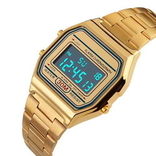 PASOY Men's Digital Gold Stainless Steel Watch Backlit Multifunction Stopwatch Waterproof Sport Watches