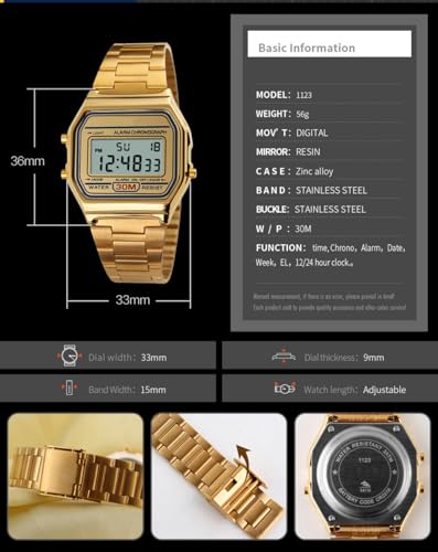 PASOY Men's Digital Gold Stainless Steel Watch Backlit Multifunction Stopwatch Waterproof Sport Watches