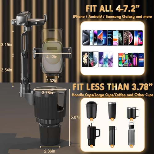 Phone Holders for Your Car, 2 in 1 Universal Cup Holder Expander Adjustable Base with Phone Mount, Long Arm with 360°Rotation Cup Holder Phones Mount