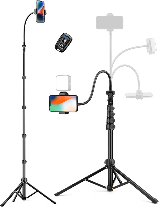 Phone Tripod, 86" Tall Tripod for iPhone with Flexible Gooseneck & Remote, Portable Aluminum Cellphone Stand for Selfies, Video Recording, Travel