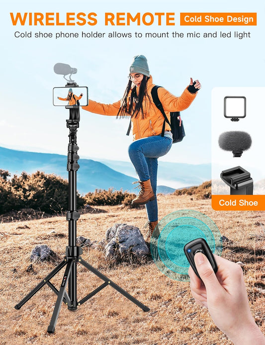 Phone Tripod, 86" Tall Tripod for iPhone with Flexible Gooseneck & Remote, Portable Aluminum Cellphone Stand for Selfies, Video Recording, Travel