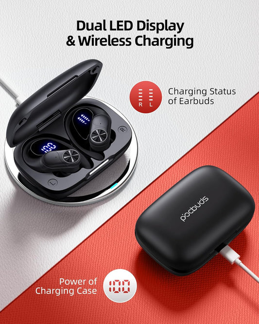 PocBuds Bluetooth Headphones Wireless Earbuds 80hrs Playtime Wireless Charging Case Digital Display Sports Ear Buds
