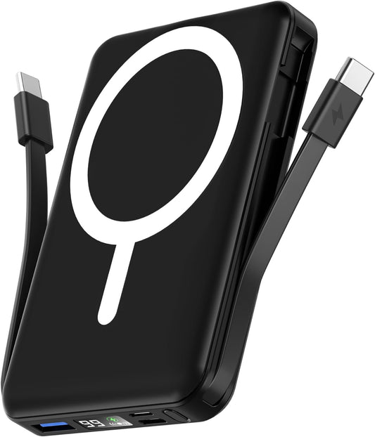 podoru for Magsafe Battery Pack, 10000mAh Magnetic Power Bank Built-in Double USB C Cables 22.5W PD Fast Charging LED Display