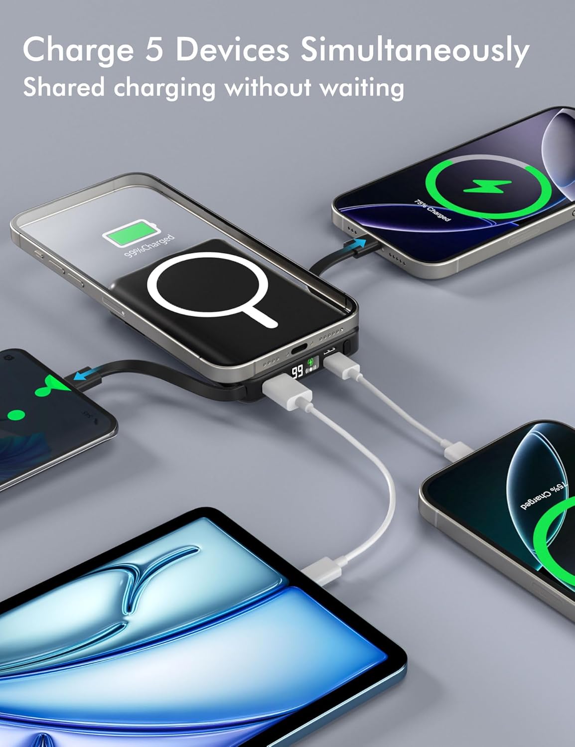podoru for Magsafe Battery Pack, 10000mAh Magnetic Power Bank Built-in Double USB C Cables 22.5W PD Fast Charging LED Display