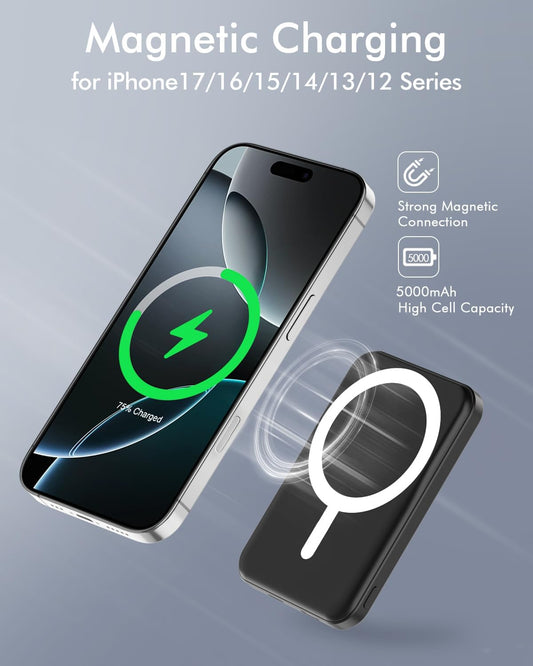 podoru for Magsafe Battery Pack, 5000mAh Magnetic Power Bank with Type-C Cable 20W PD Fast Charging Lighting Input Wireless Portable Charger