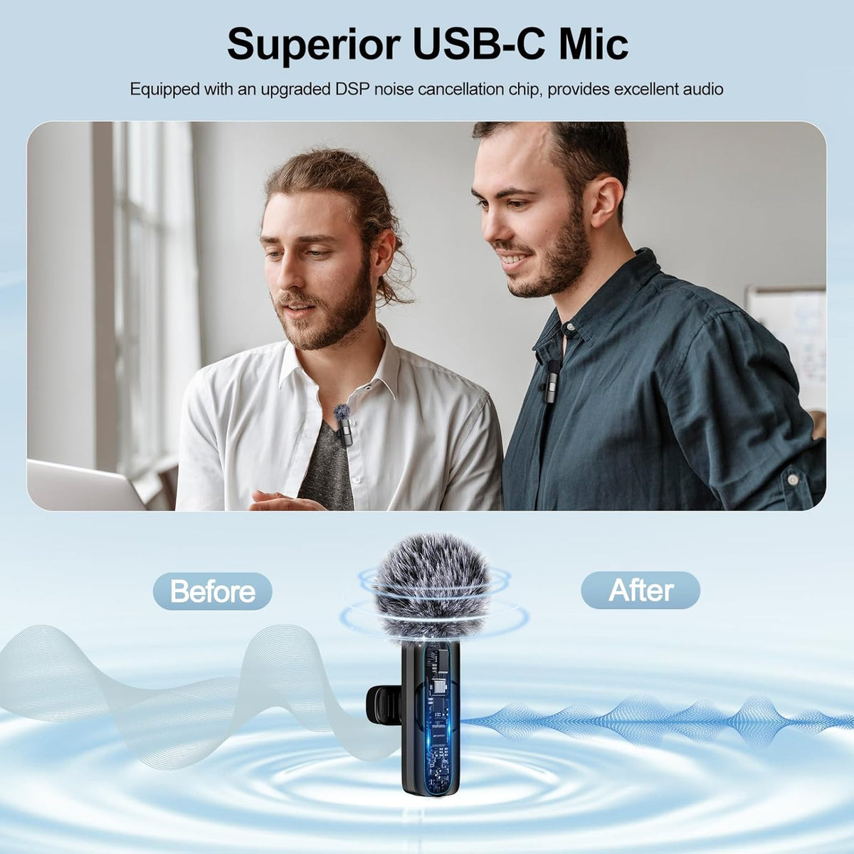 PoP voice USB C Mini Wireless Lavalier Microphone for iPhone/Android, Lapel Mic with Noise Reduction, Lav Mic for Video Recording