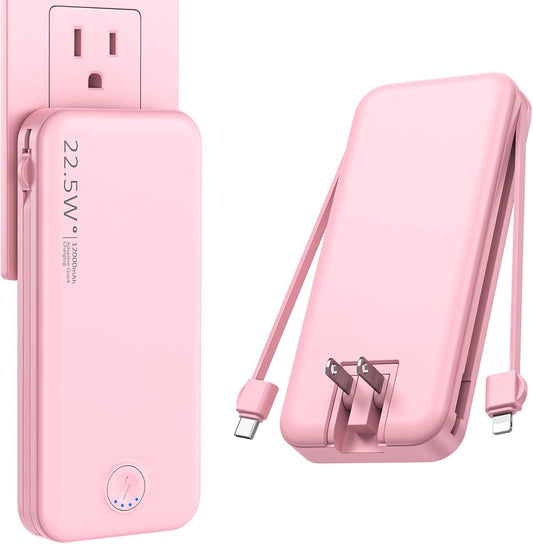 Portable Charger, 12000mAh 22.5W Fast Charging Power Bank with Built-in Cables & Wall Plug, Travel Essentials External Battery Pack