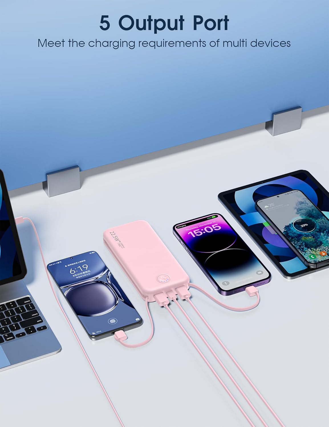 Portable Charger, 12000mAh 22.5W Fast Charging Power Bank with Built-in Cables & Wall Plug, Travel Essentials External Battery Pack