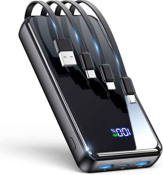Portable Charger, 50000mAh Power Bank Built-in Cable, 22.5W PD USB C In & Out Fast Charging, External Battery Pack with 6 Output & 2 Input (Black)