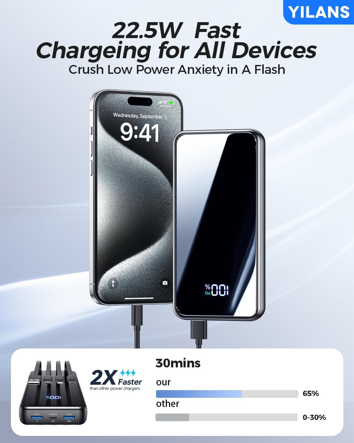 Portable Charger, 50000mAh Power Bank Built-in Cable, 22.5W PD USB C In & Out Fast Charging, External Battery Pack with 6 Output & 2 Input (Black)