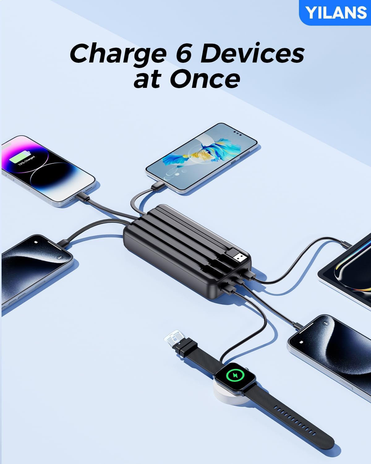 Portable Charger, 50000mAh Power Bank Built-in Cable, 22.5W PD USB C In & Out Fast Charging, External Battery Pack with 6 Output & 2 Input (Black)