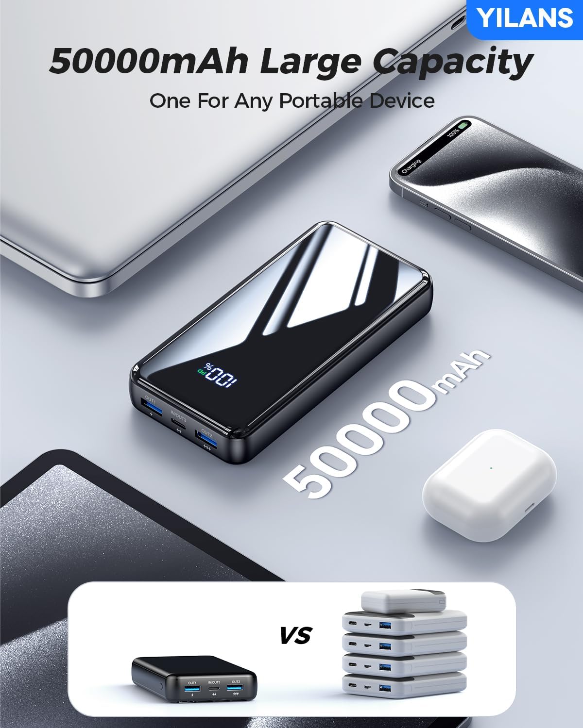 Portable Charger, 50000mAh Power Bank Built-in Cable, 22.5W PD USB C In & Out Fast Charging, External Battery Pack with 6 Output & 2 Input (Black)