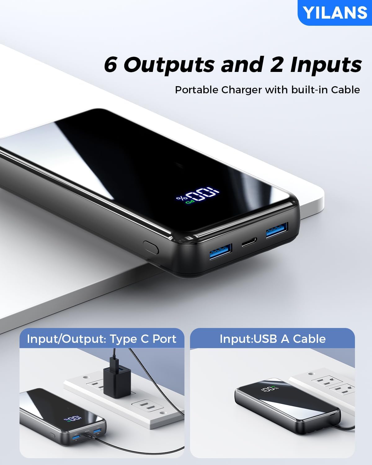 Portable Charger, 50000mAh Power Bank Built-in Cable, 22.5W PD USB C In & Out Fast Charging, External Battery Pack with 6 Output & 2 Input (Black)