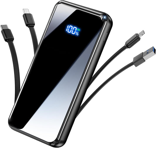 Portable Charger, 50000mAh Power Bank Built-in Cable, 22.5W PD USB C In & Out Fast Charging, External Battery Pack with 6 Output & 2 Input