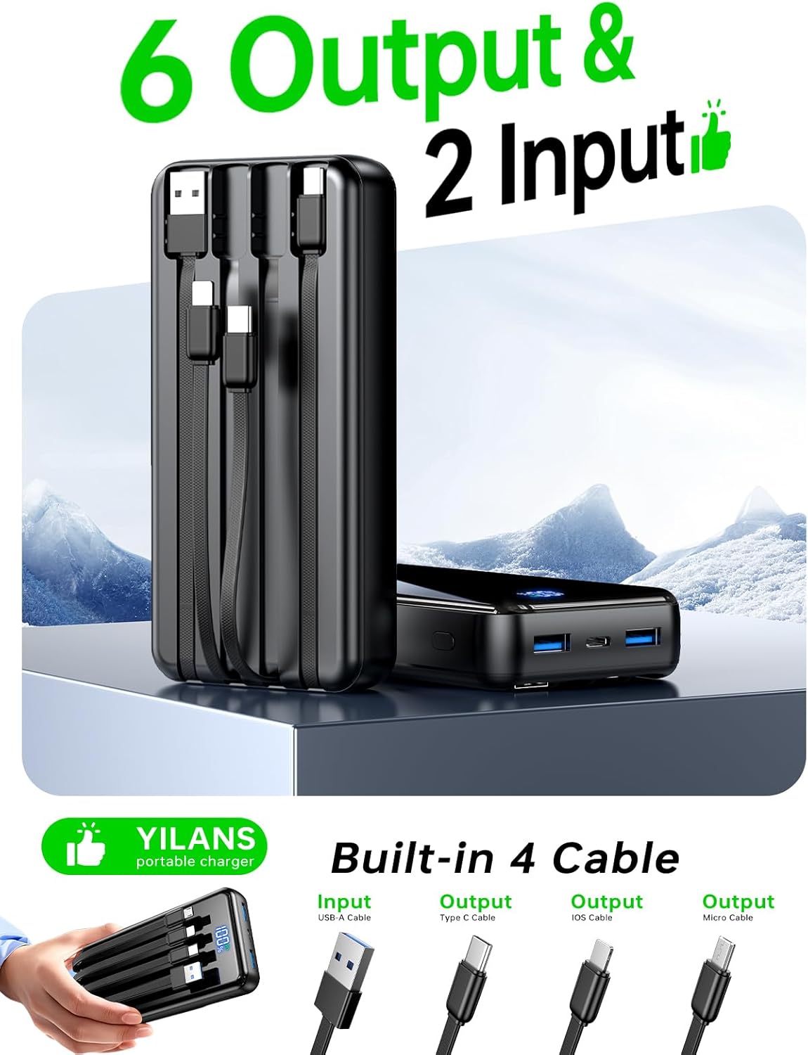 Portable Charger, 50000mAh Power Bank Built-in Cable, 22.5W PD USB C In & Out Fast Charging, External Battery Pack with 6 Output & 2 Input