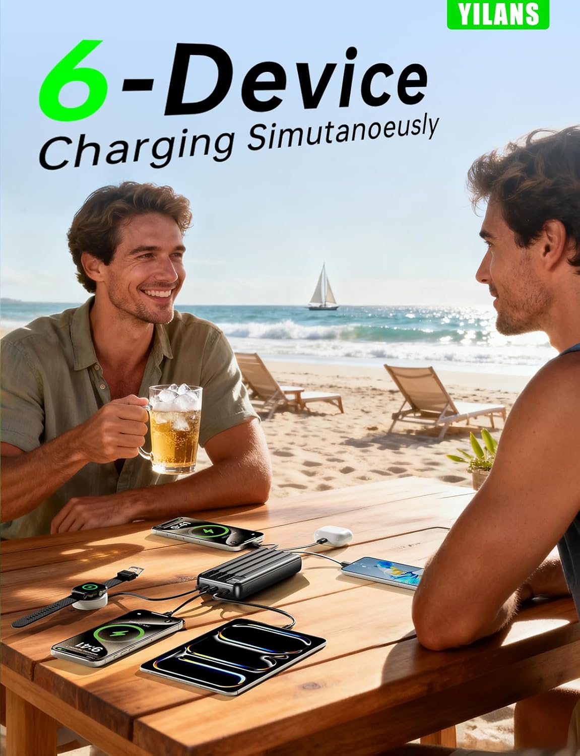 Portable Charger, 50000mAh Power Bank Built-in Cable, 22.5W PD USB C In & Out Fast Charging, External Battery Pack with 6 Output & 2 Input