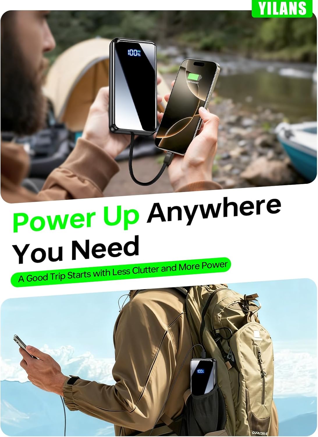 Portable Charger, 50000mAh Power Bank Built-in Cable, 22.5W PD USB C In & Out Fast Charging, External Battery Pack with 6 Output & 2 Input
