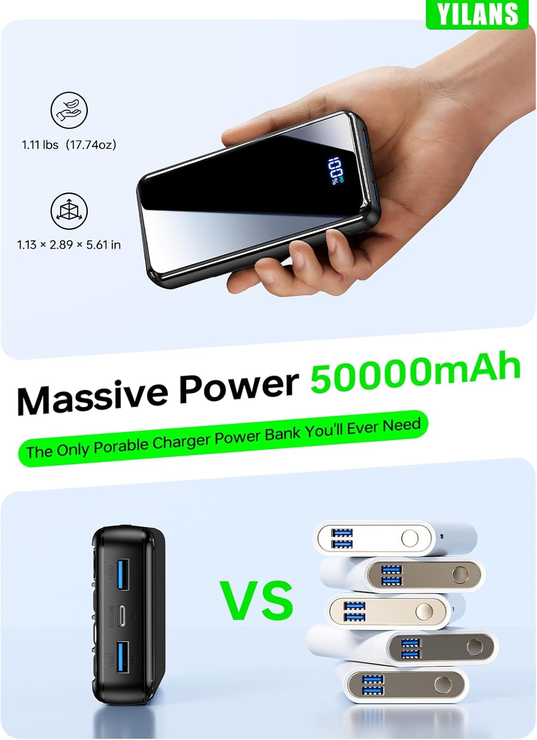 Portable Charger, 50000mAh Power Bank Built-in Cable, 22.5W PD USB C In & Out Fast Charging, External Battery Pack with 6 Output & 2 Input