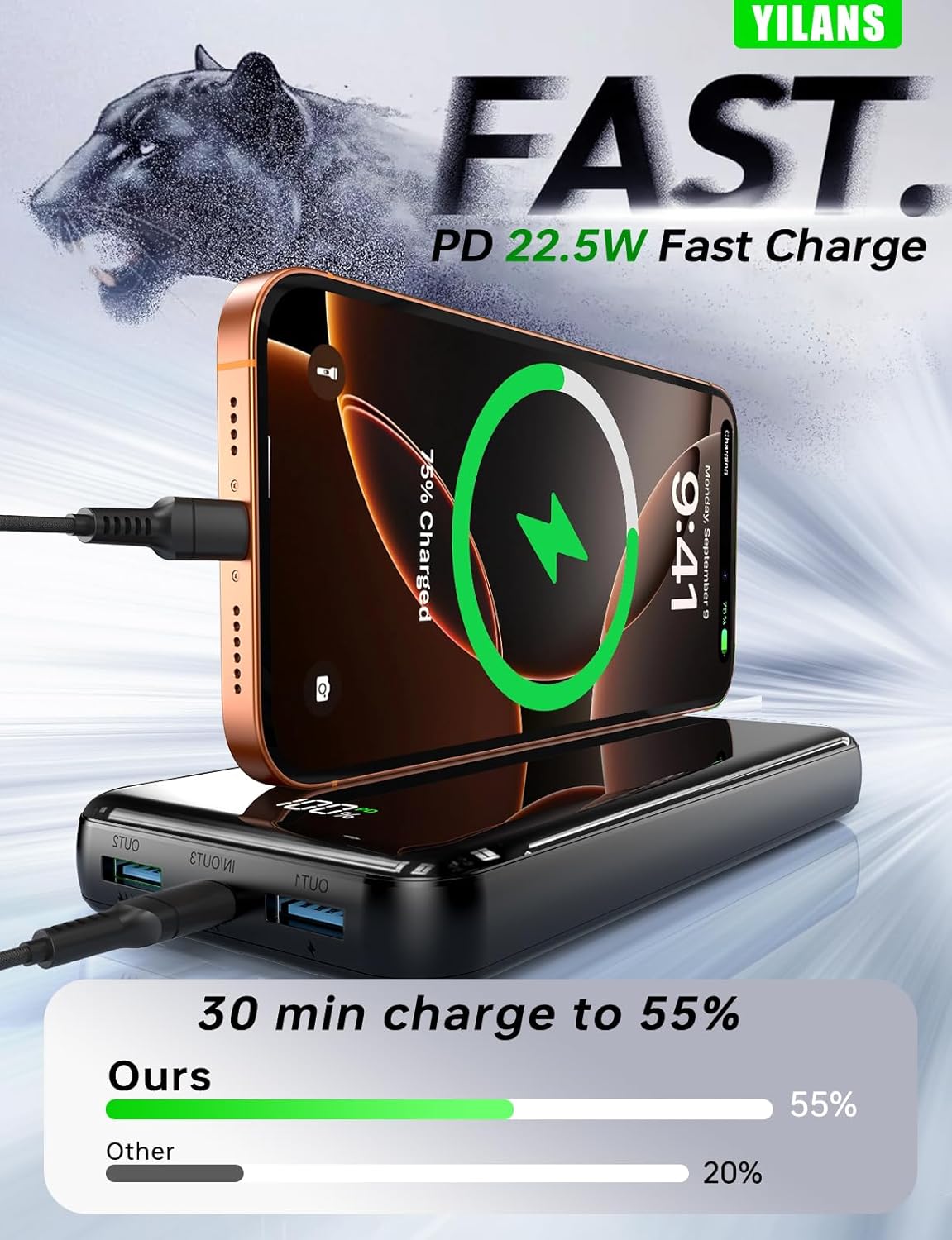 Portable Charger, 50000mAh Power Bank Built-in Cable, 22.5W PD USB C In & Out Fast Charging, External Battery Pack with 6 Output & 2 Input