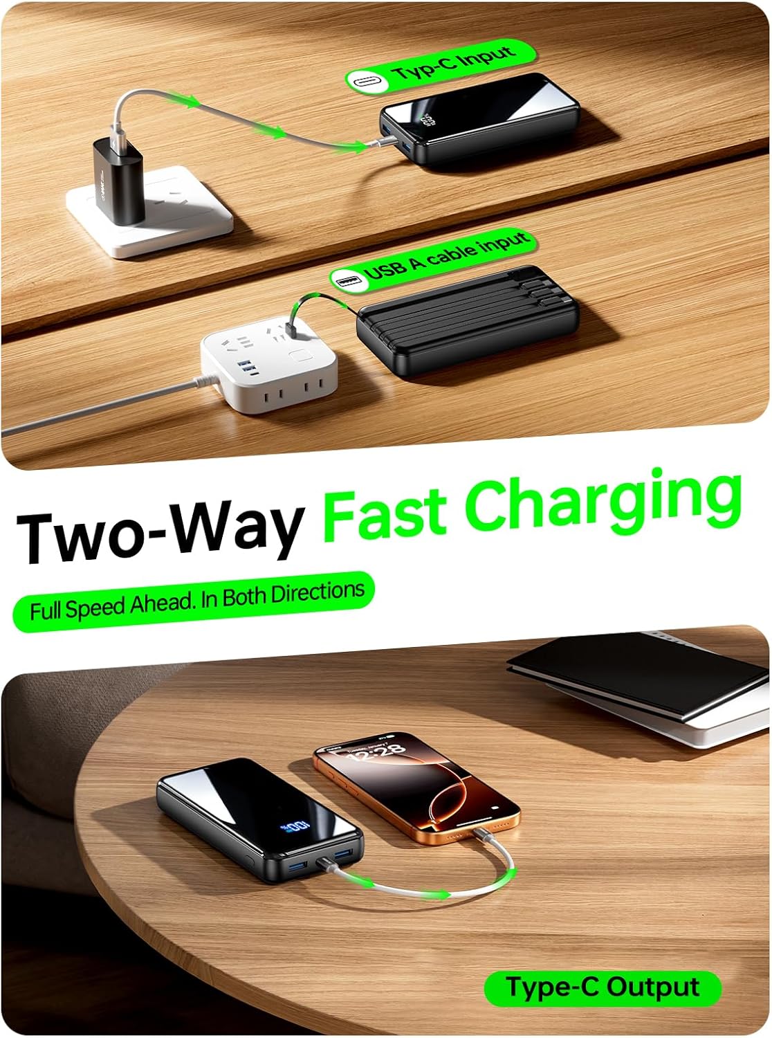 Portable Charger, 50000mAh Power Bank Built-in Cable, 22.5W PD USB C In & Out Fast Charging, External Battery Pack with 6 Output & 2 Input