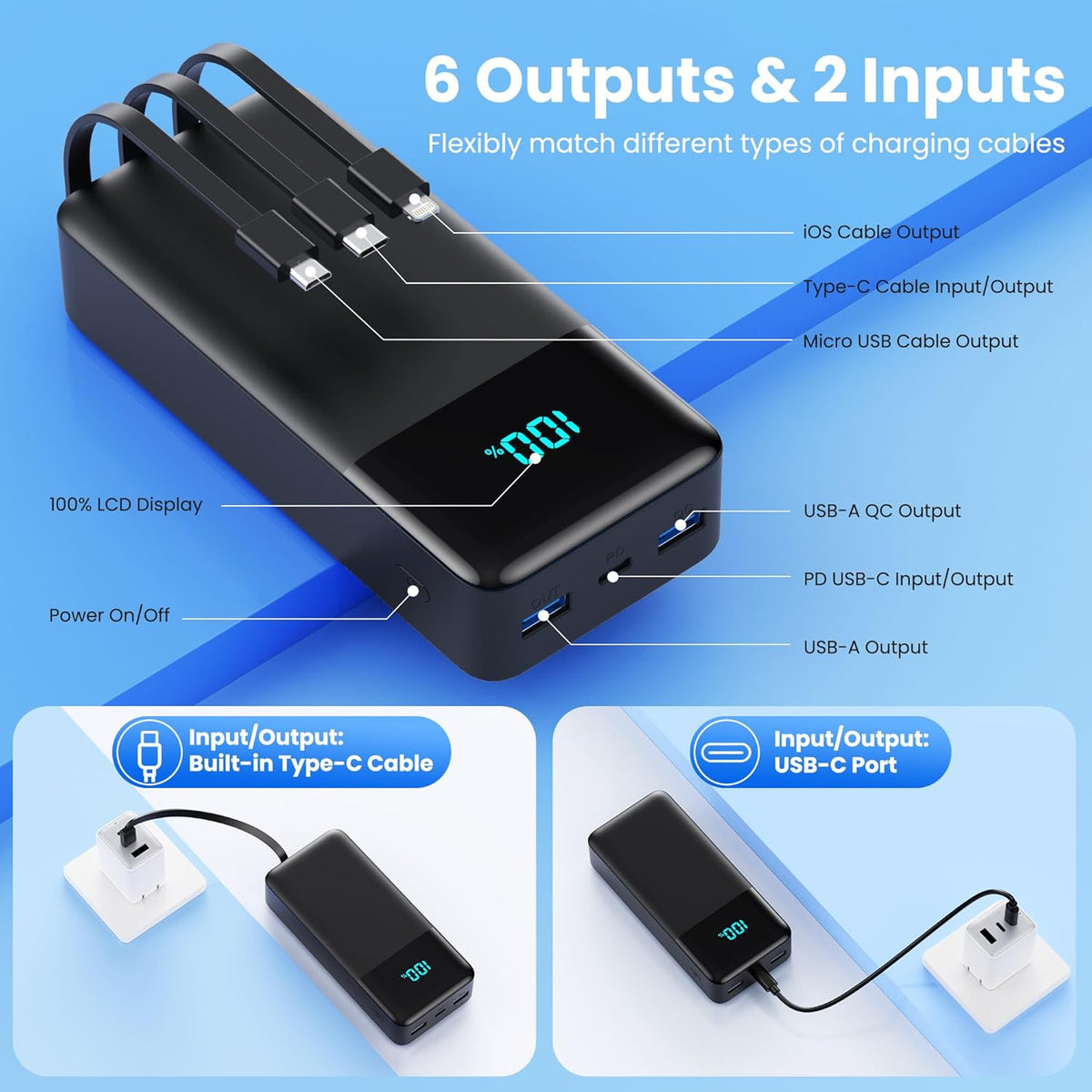Portable Charger 50800mAh Power Bank with 3 Built in Cables, 25W PD QC4.0 Fast Charging USB C Battery Pack