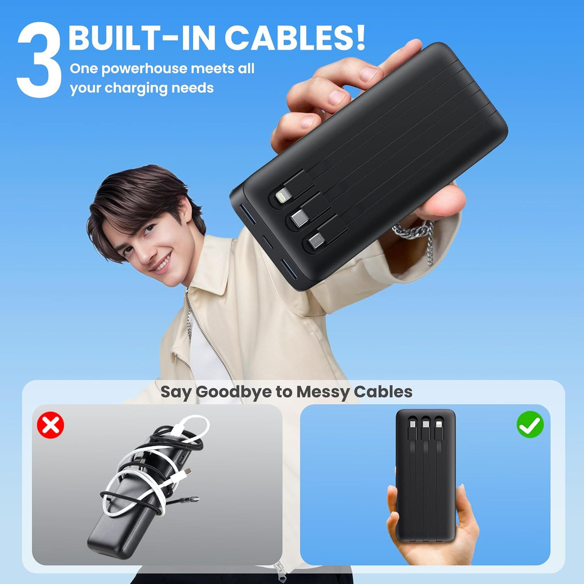 Portable Charger 50800mAh Power Bank with 3 Built in Cables, 25W PD QC4.0 Fast Charging USB C Battery Pack