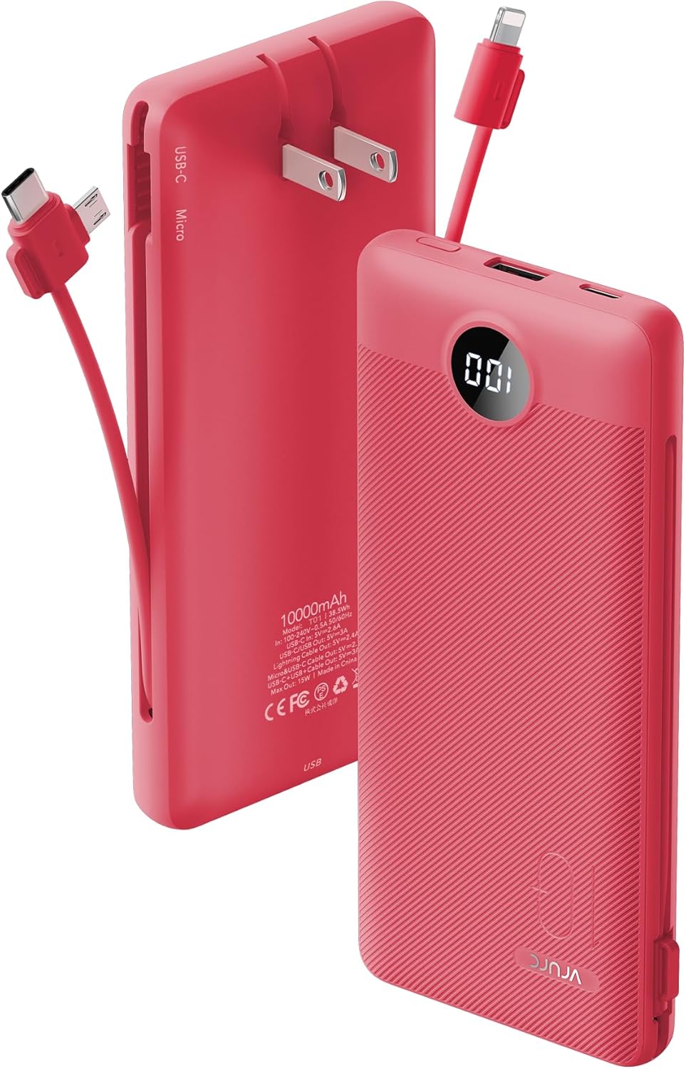 Portable Charger Built-in Cables and AC Wall Plug, VRURC USB C Power Bank 10000mAh, Travel Battery Portable Phone Charger Compact Lightweight External