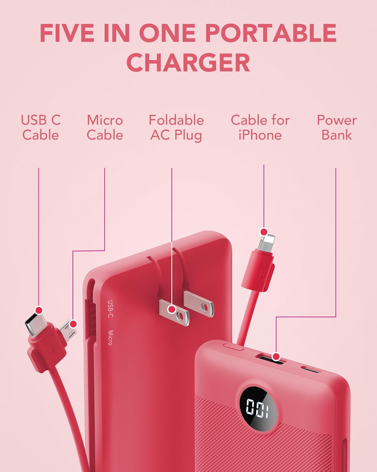 Portable Charger Built-in Cables and AC Wall Plug, VRURC USB C Power Bank 10000mAh, Travel Battery Portable Phone Charger Compact Lightweight External