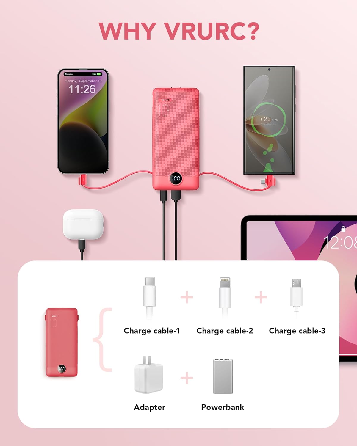 Portable Charger Built-in Cables and AC Wall Plug, VRURC USB C Power Bank 10000mAh, Travel Battery Portable Phone Charger Compact Lightweight External