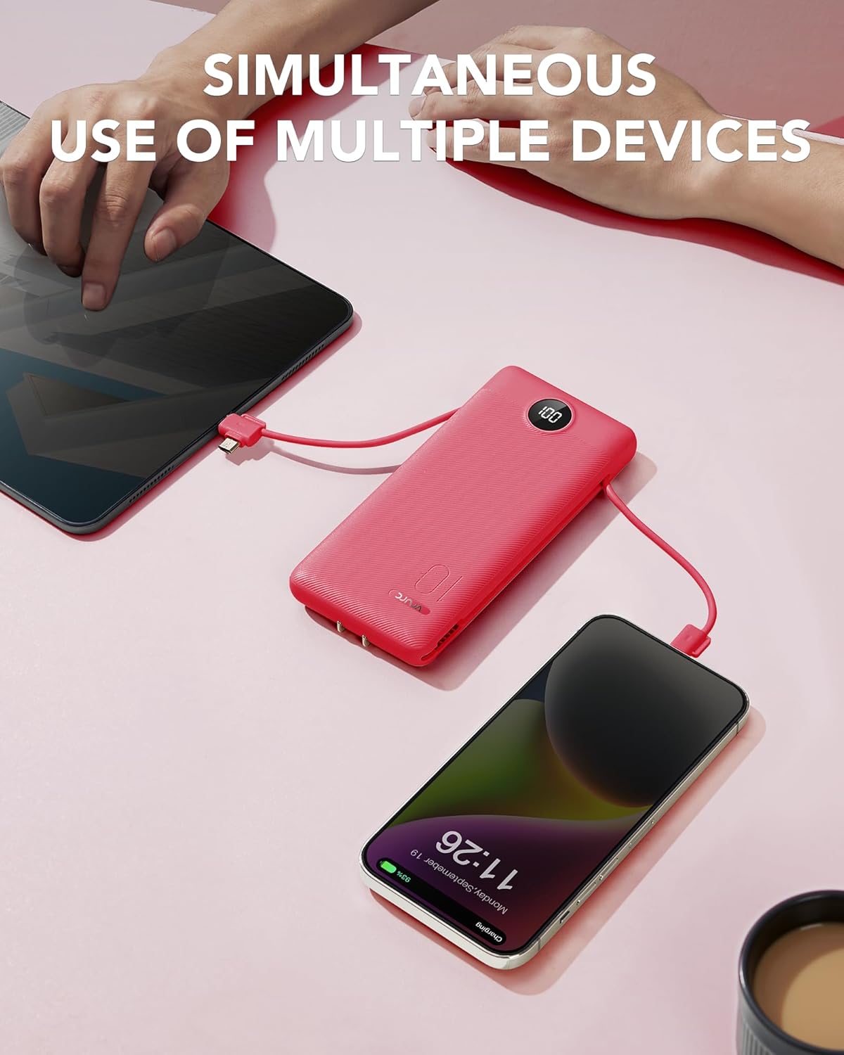 Portable Charger Built-in Cables and AC Wall Plug, VRURC USB C Power Bank 10000mAh, Travel Battery Portable Phone Charger Compact Lightweight External