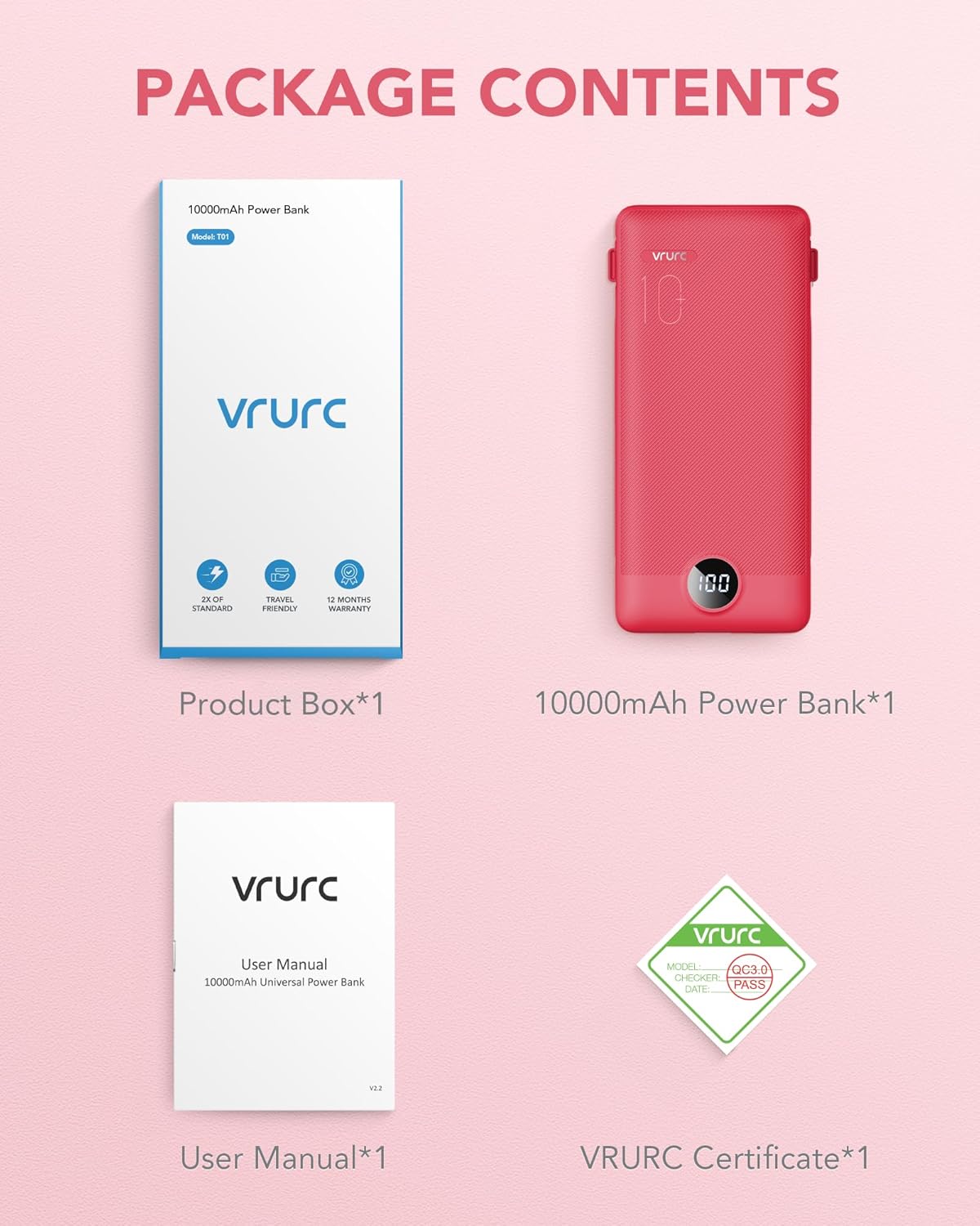 Portable Charger Built-in Cables and AC Wall Plug, VRURC USB C Power Bank 10000mAh, Travel Battery Portable Phone Charger Compact Lightweight External