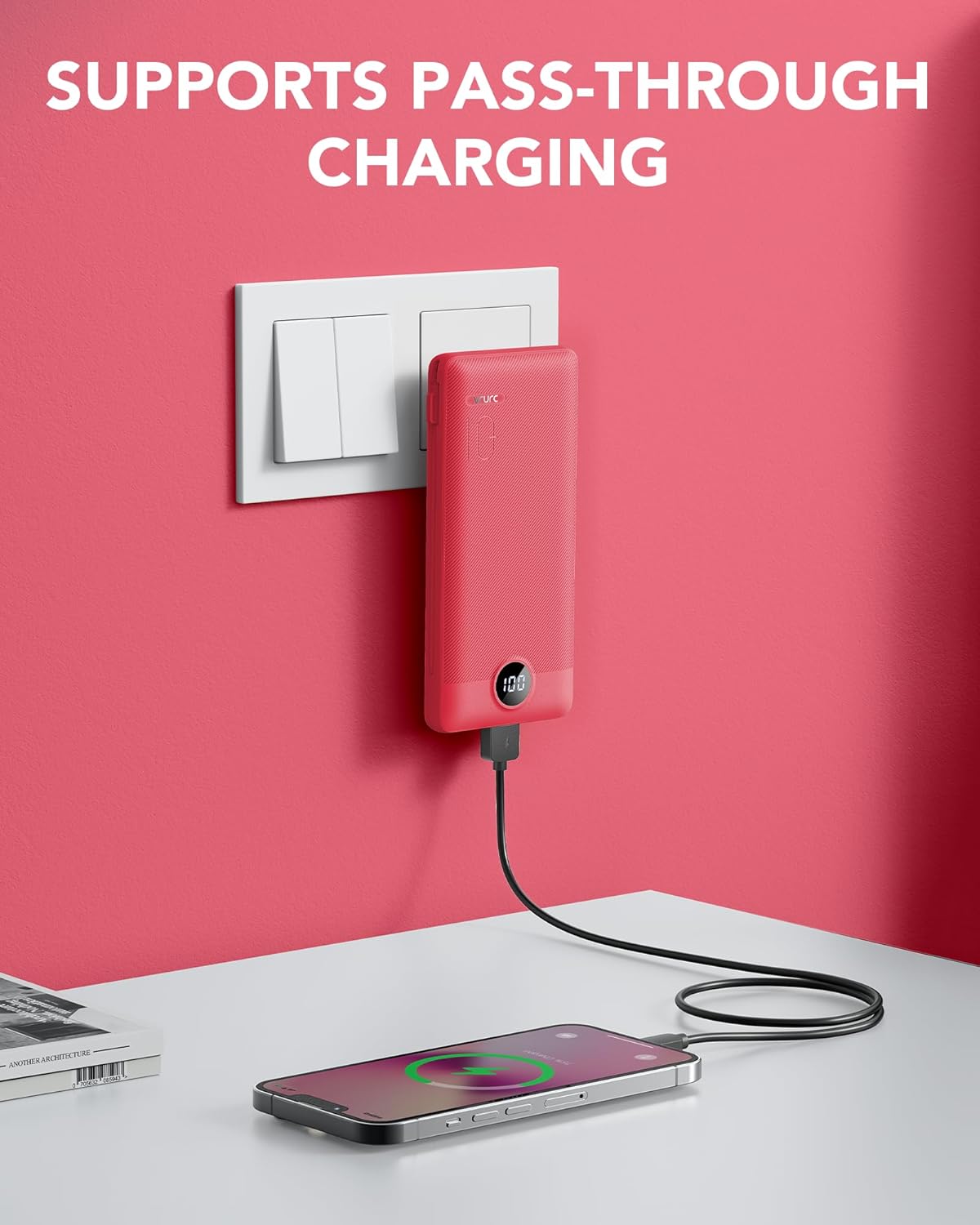 Portable Charger Built-in Cables and AC Wall Plug, VRURC USB C Power Bank 10000mAh, Travel Battery Portable Phone Charger Compact Lightweight External