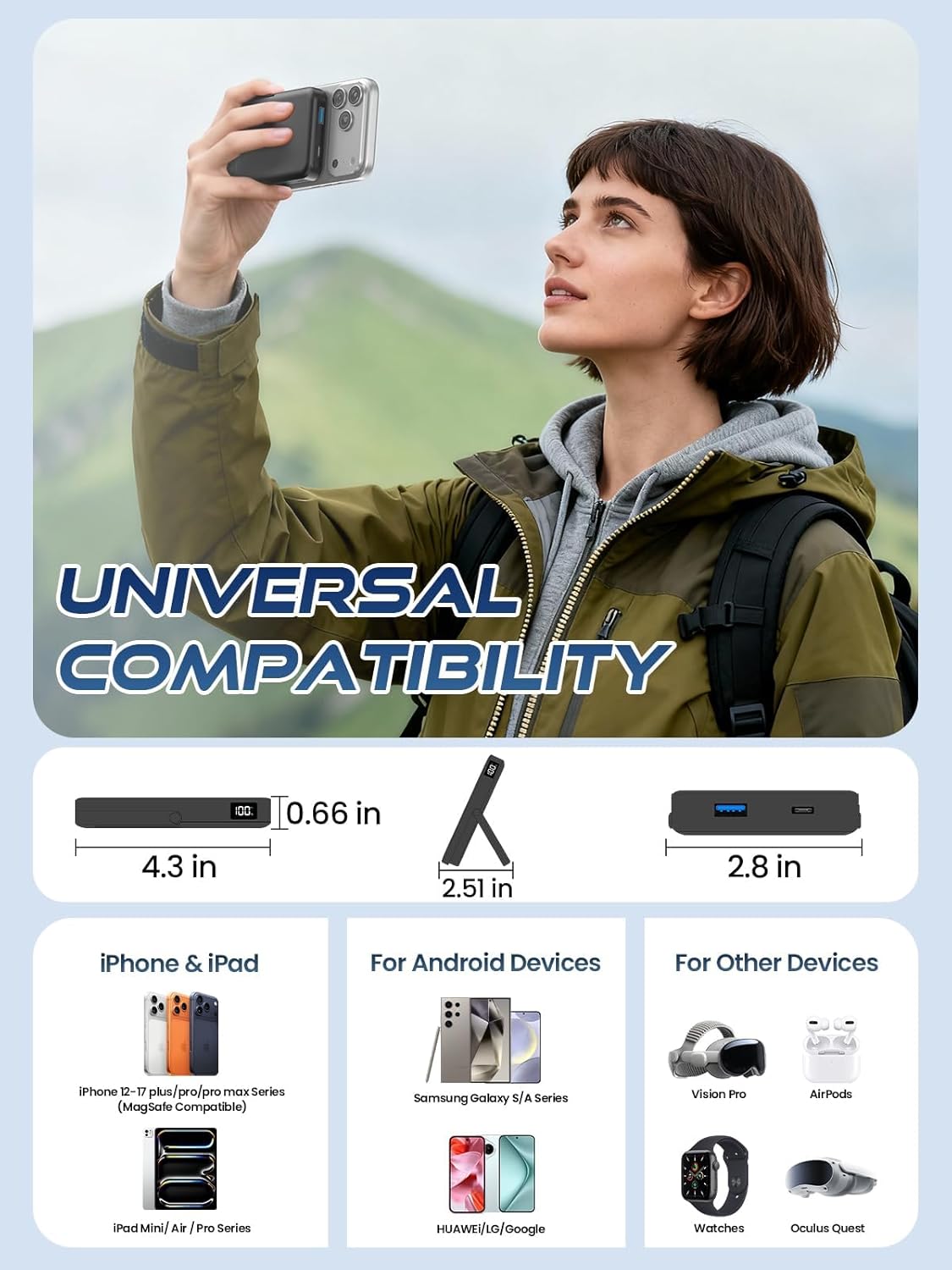 Portable Charger for Magsafe Battery Pack, 10000mAh Power Bank with Foldable Stand, Travel PD 22.5W Fast Charge, Magnetic Charge Wireless Charger