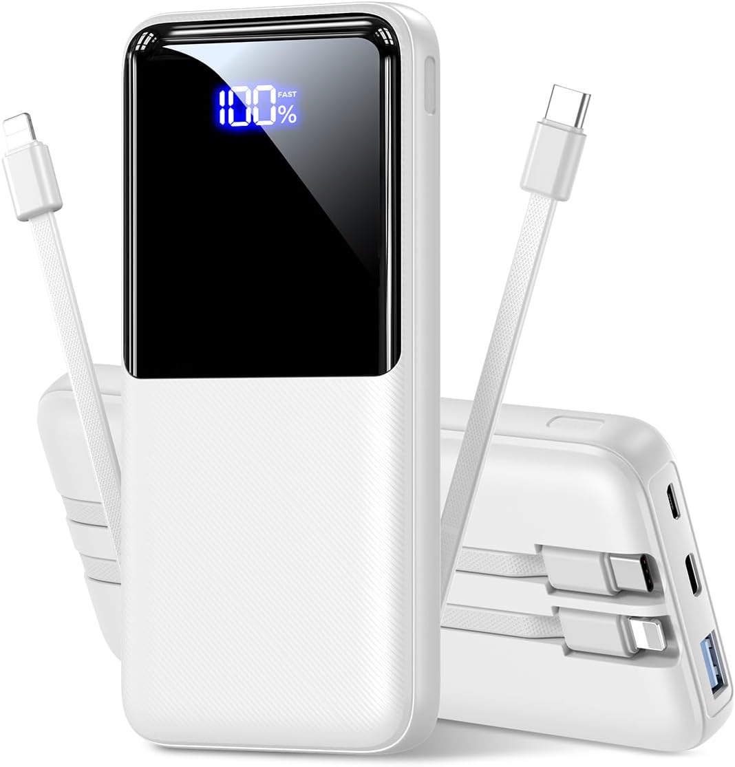 Portable Charger Power Bank - 15,000mAh Battery Pack Portable Phone Charger with Built in Cable 22.5W Fast Charging Powerbank