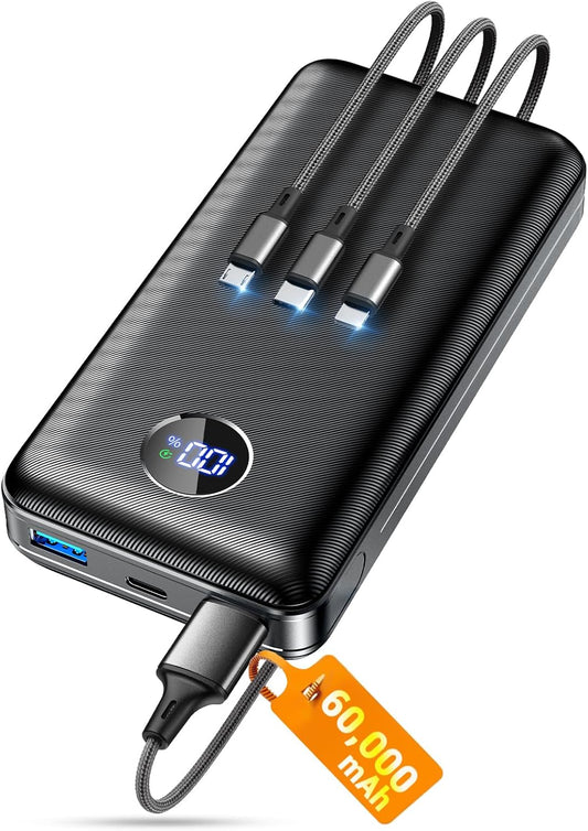 Portable Charger Power Bank, 60000mAh Battery Pack with 3 in 1 USB-C/iOS/Micro-USB Cable, 22.5W Fast Charging Portable Phone Charger