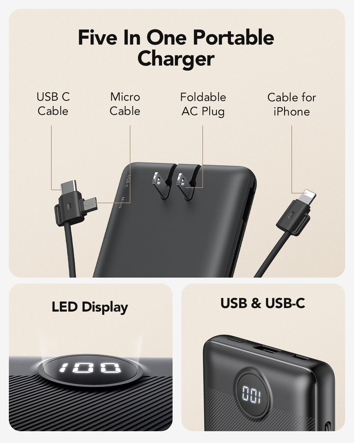 Portable Charger, Power Bank Built-in Cables and AC Wall Plug, VRURC USB C Portable Bank 10000mAh, Travel Essentials Phone Charger Compact Lightweight