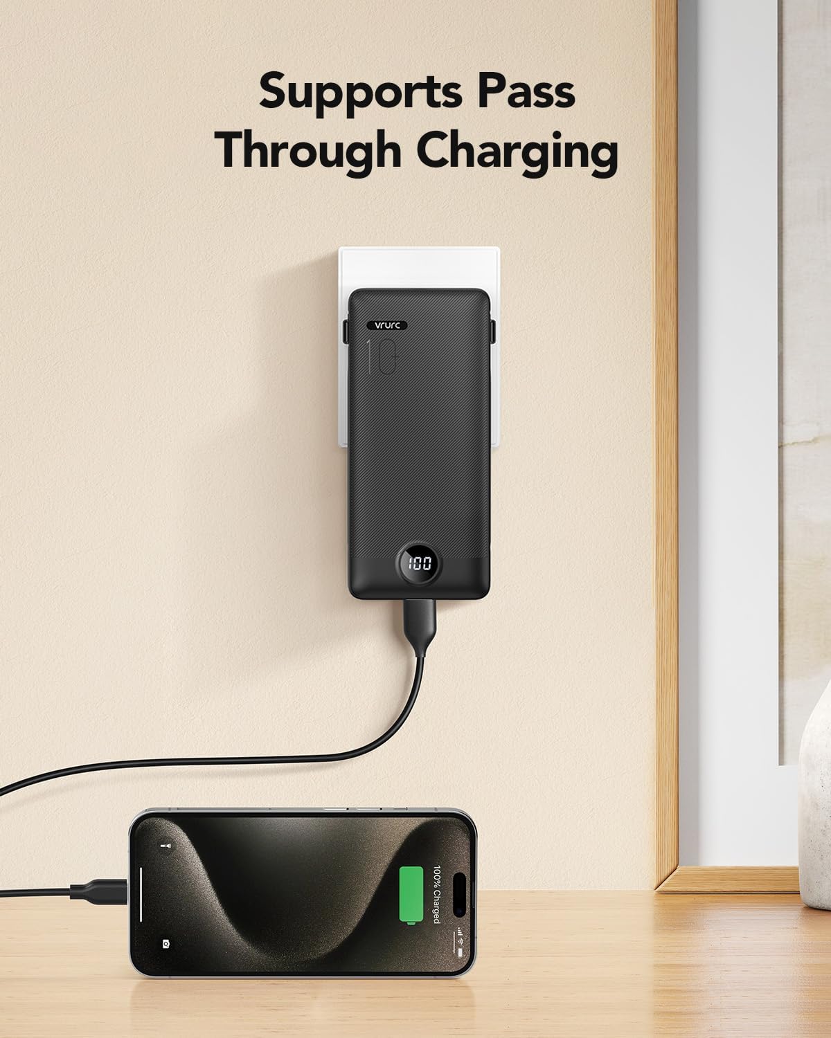 Portable Charger, Power Bank Built-in Cables and AC Wall Plug, VRURC USB C Portable Bank 10000mAh, Travel Essentials Phone Charger Compact Lightweight