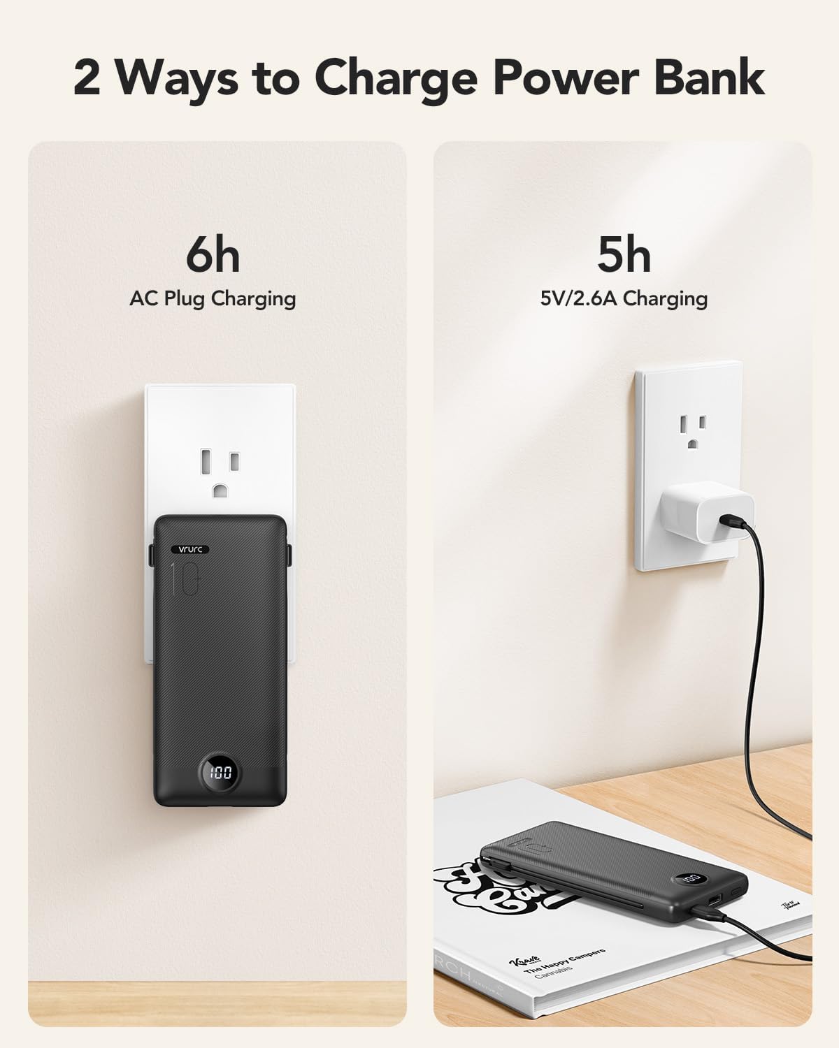 Portable Charger, Power Bank Built-in Cables and AC Wall Plug, VRURC USB C Portable Bank 10000mAh, Travel Essentials Phone Charger Compact Lightweight