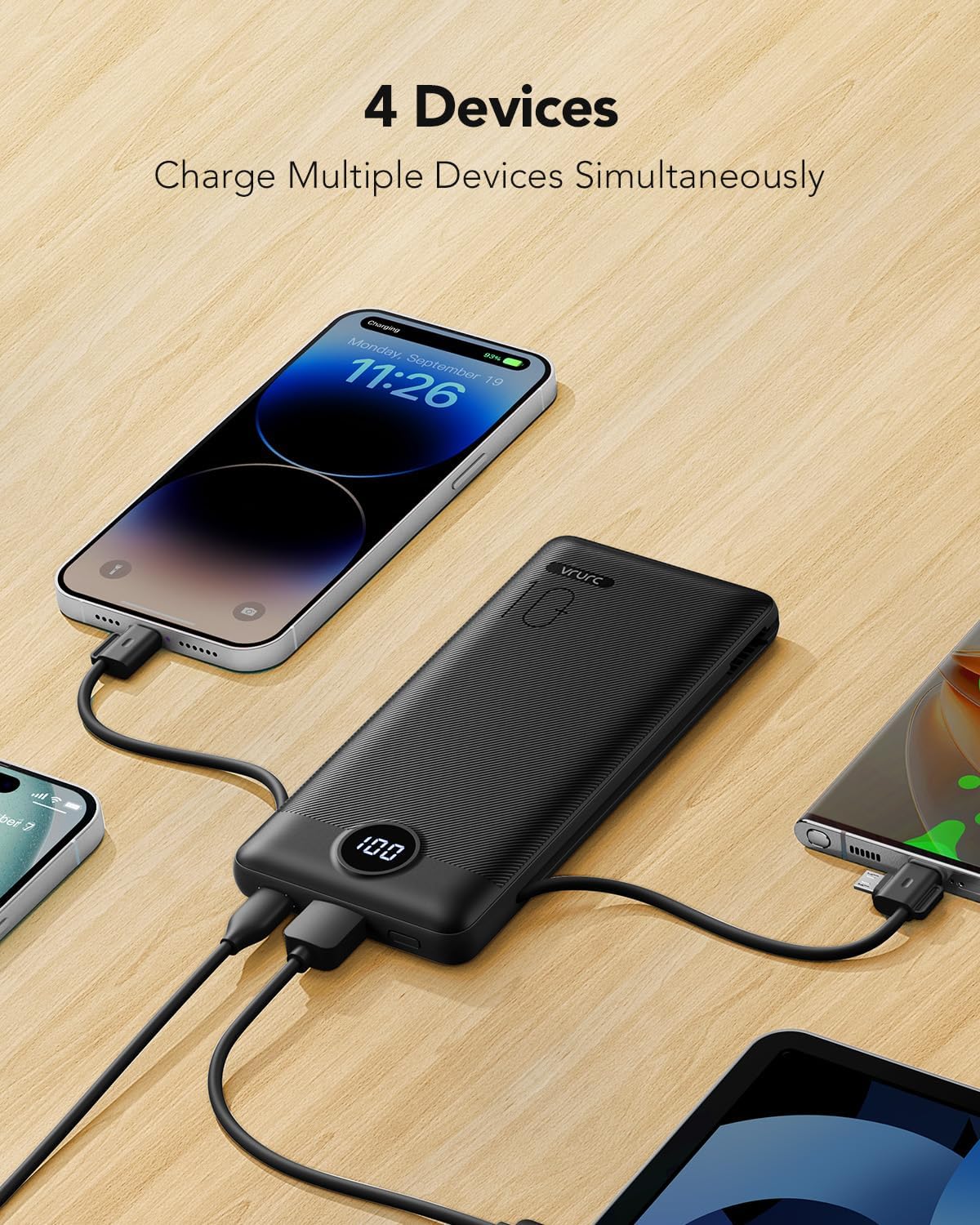 Portable Charger, Power Bank Built-in Cables and AC Wall Plug, VRURC USB C Portable Bank 10000mAh, Travel Essentials Phone Charger Compact Lightweight