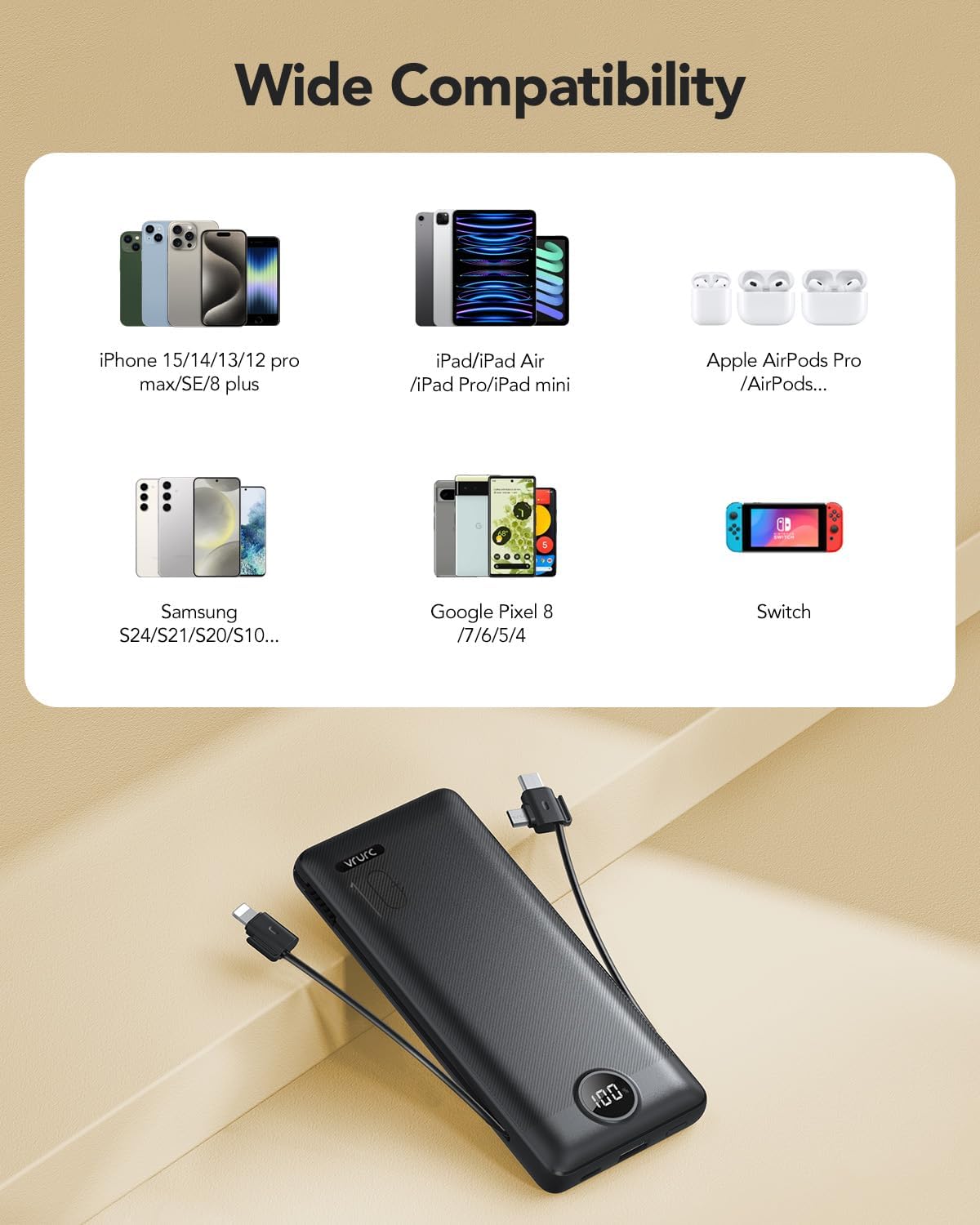 Portable Charger, Power Bank Built-in Cables and AC Wall Plug, VRURC USB C Portable Bank 10000mAh, Travel Essentials Phone Charger Compact Lightweight