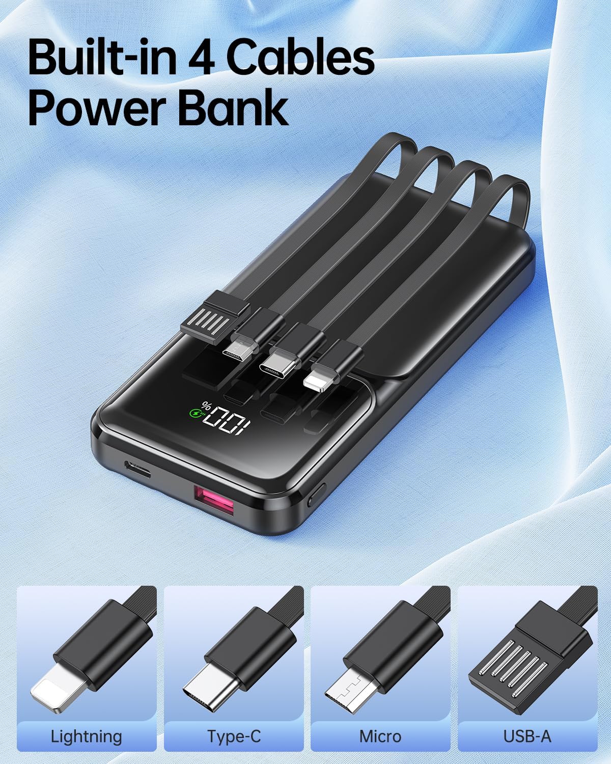 Portable Charger with Built in Cable - Power Bank Fast Charging USB C LED Display 10000mah Battery Pack 5 Outputs & 3 Inputs
